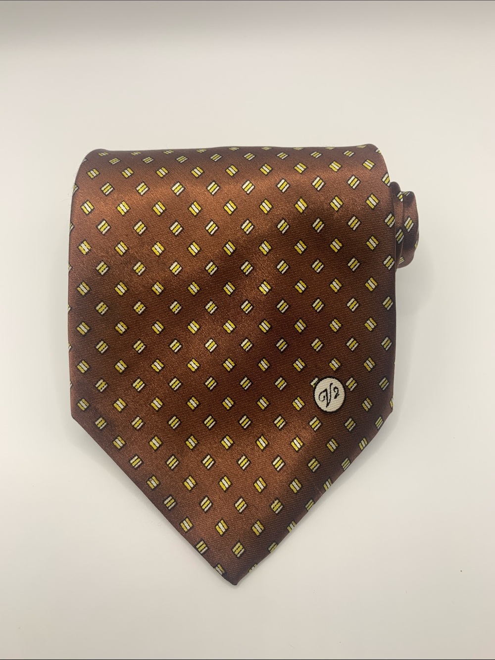 Vintage Versace V2 Brown Tie with Yellow and Cream Geometric Motif